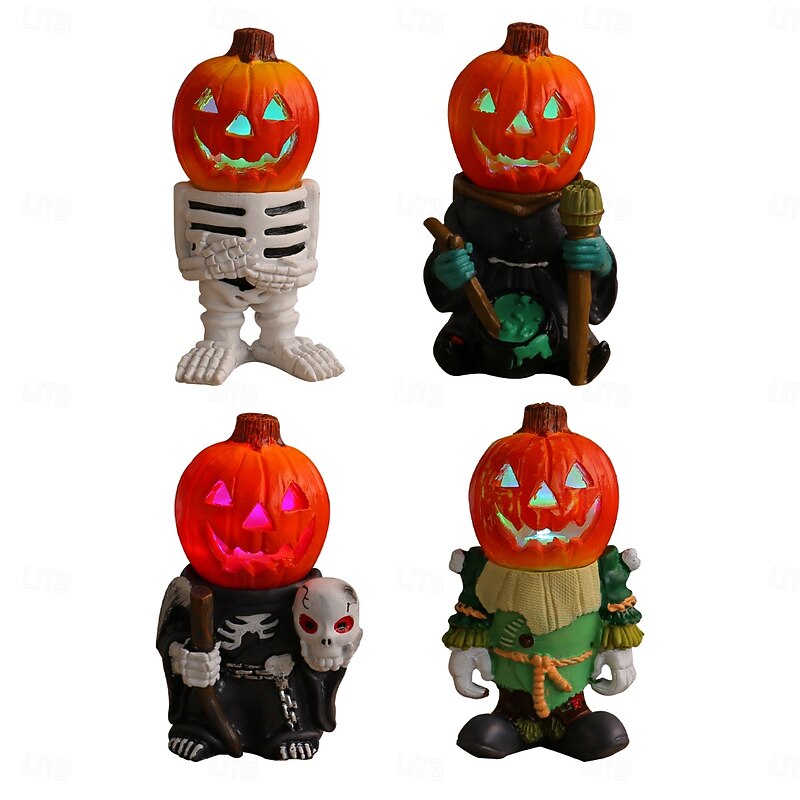 Halloween LED Light Pumpkin Knight Resin Figurine, Glowing Pumpkin Head Ghost Tabletop Decoration, Spooky Yard Decor2