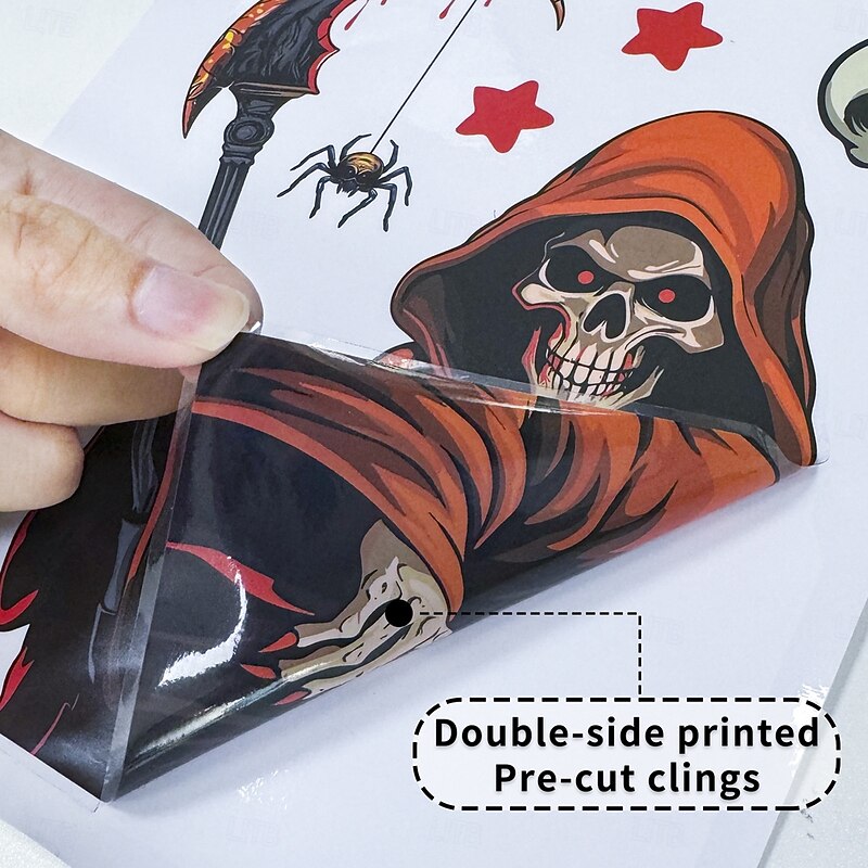 6 Sheets Halloween Window Cling Sticker Decals Decorations Double Side, Skeleton Witch Bat Pumpkin Spider Grim Reaper Static Stickers for Glass Wall Decor3