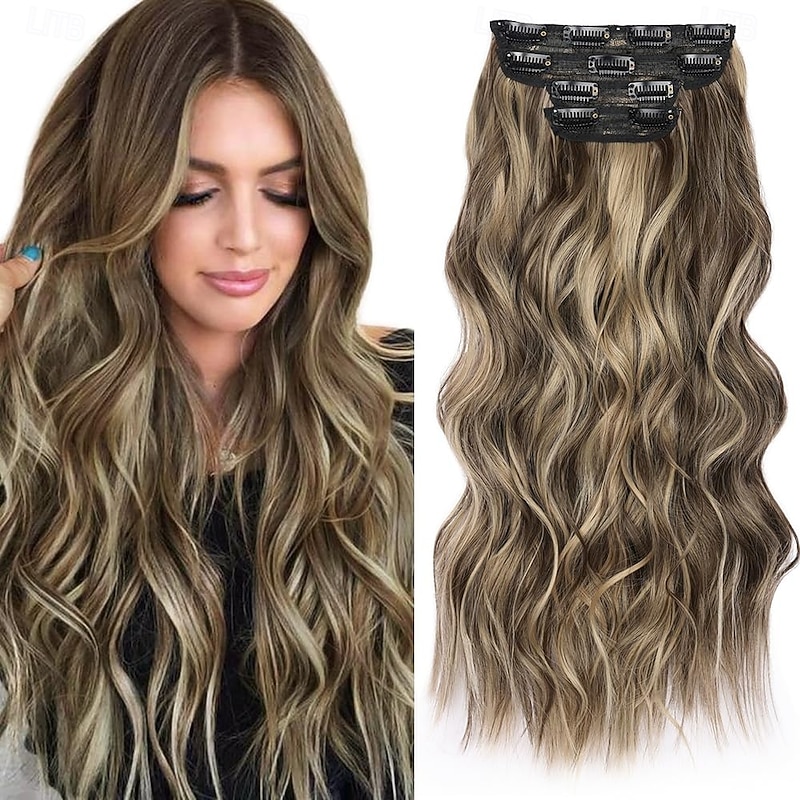 Clip in Curly Hair Extensions 4Pcs Long Wavy Hair mix Brown Synthetic Clip in Extensions 22 Inch for Women # Mixed Brown & Blonde