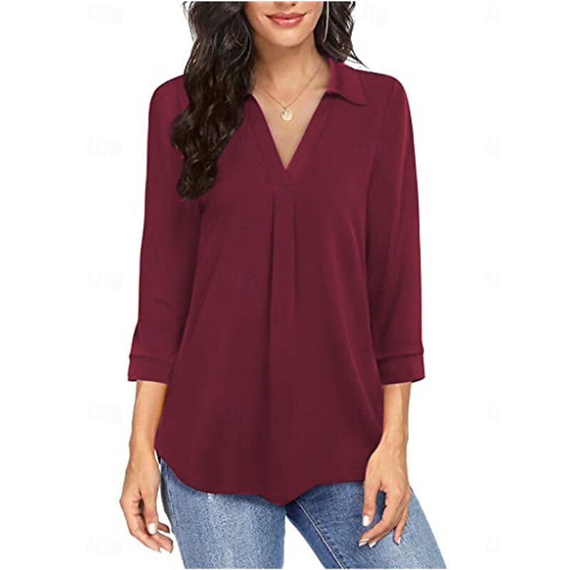 Women's Shirt Solid Color Elegant Stylish Basic 3/4 Length Sleeve V Neck Regular Tops Daily Black Wine Blue Green Spring Fall