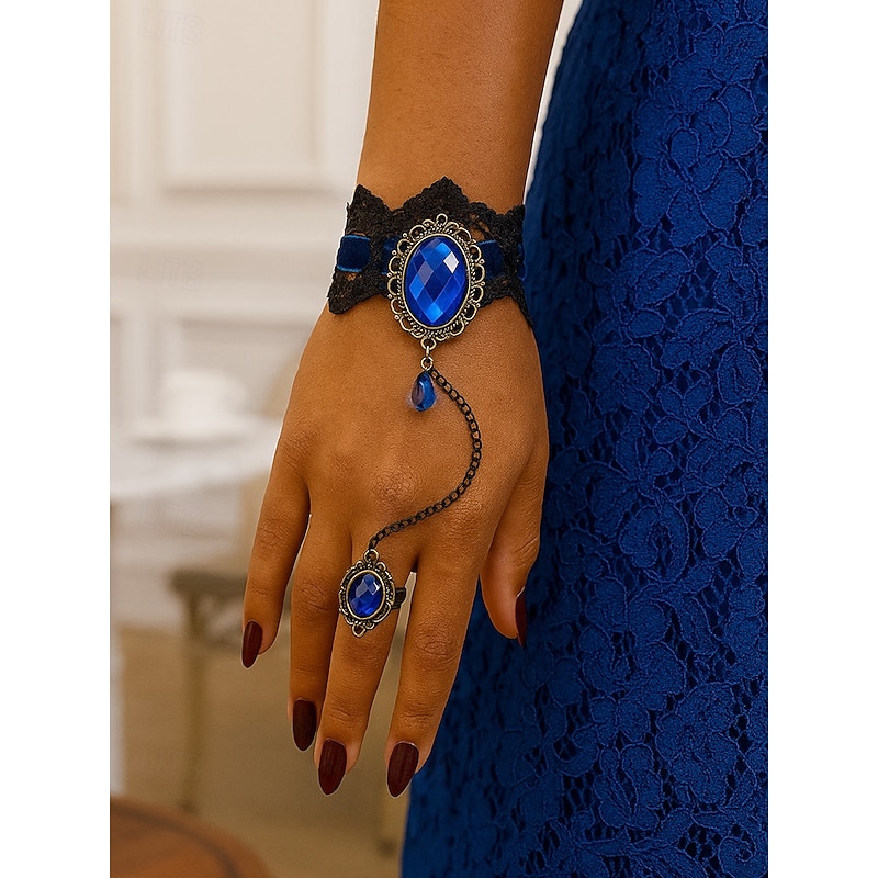Women's Gothic Lace Bracelet Ring Set with Red Gemstone, Vintage Chain Hand Jewelry for Halloween Party, Cosplay and Retro Style Outfits