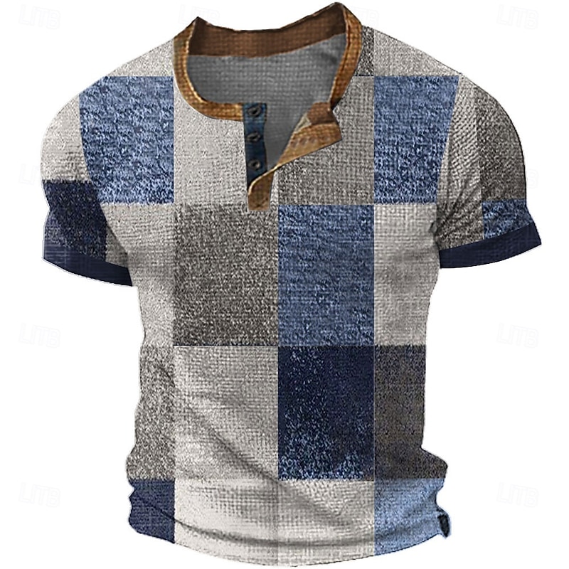 Men's Faux Patchwork Pattern Henley Shirt Waffle T Shirt Short Sleeve Daily Retro Vintage Classic Sports Outdoor Casual Holiday Spring & Summer All Seasons Blue Yellow Green Red Grey Henley Henley