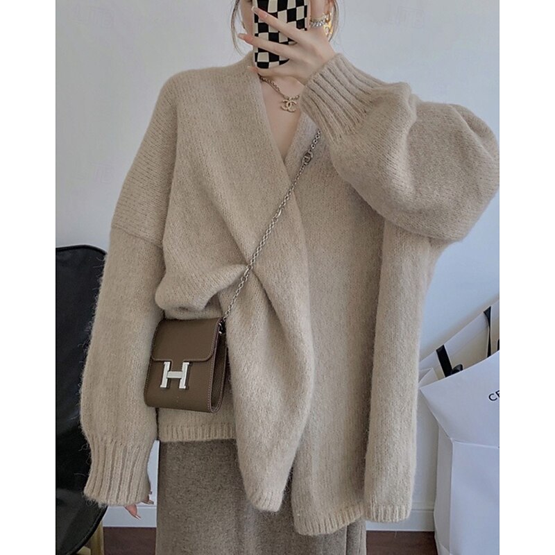 Women's Cardigan Casual Soft Solid Color Ribbed V Neck Knitted Long Sleeve Regular Tops Knit Holiday Going out Weekend Apricot Gray Fall2