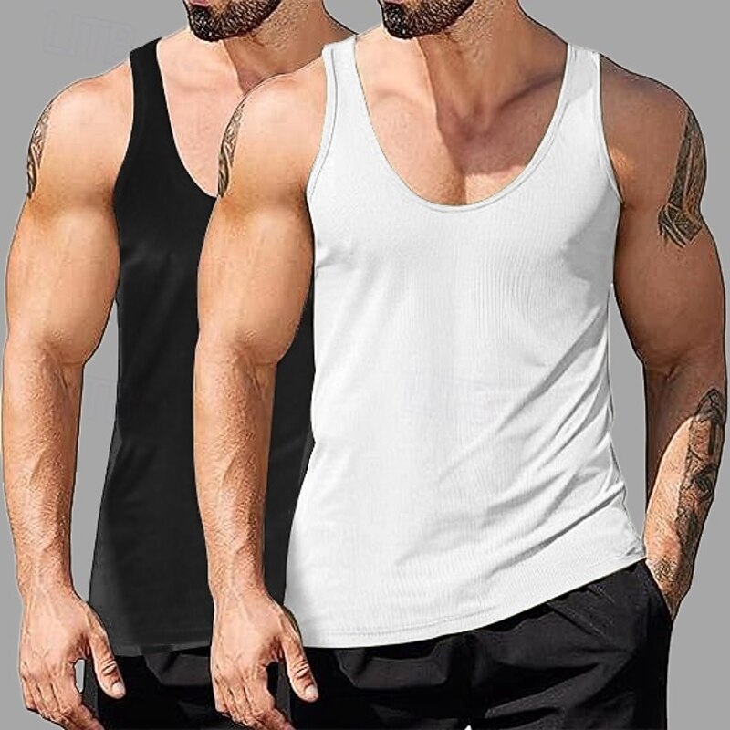 2PCs Men's Tank Top Undershirt Sleeveless Shirt Wife beater Shirt Sleeveless Deep U Scoop Neck Scoop Neck Summer Solid Color Plain Pit Strip Fashion Designer Sporty Ribbed Plain Casual Tank top3