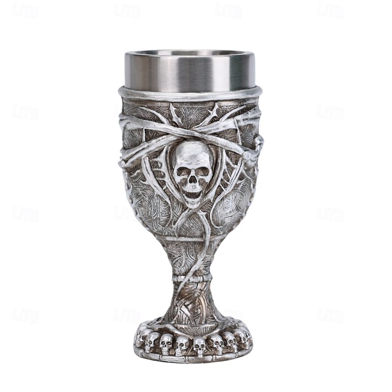 Halloween Skull Wine Goblet Vintage 3D Skull Stemmed Glass Unique Resin & Stainless Steel Embossed Design, Fun Barware for Red Wine, Halloween Party Decor4