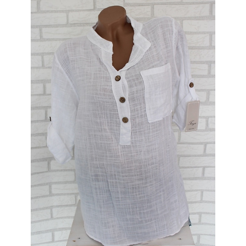 Women's Cotton Linen Shirts Solid Color Stylish Casual Long Sleeve V Neck Regular Tops Daily Buttons White Pink Red Blue Gray Summer Spring3