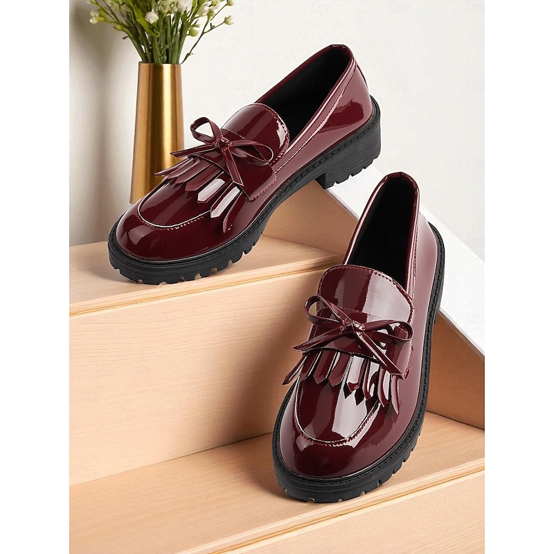 Women's Burgundy Patent Leather Loafers with Tassel and Bow, Vintage Flat Shoes for Casual Dates and Daily Wear - Main Image