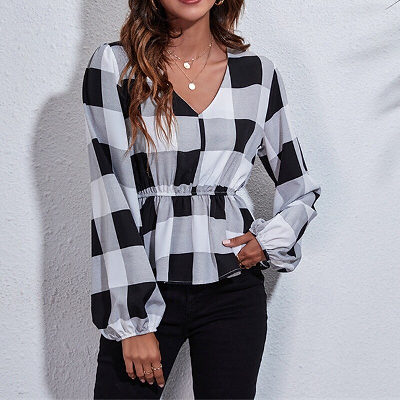 Women's Summer Tops Plaid Daily Stylish Basic Long Sleeve Lantern Sleeve V Neck Regular Tops Work Daily Holiday Print Black Spring Fall