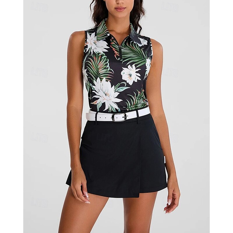 Women's Graphic Floral Botanical Sport Shirt Golf Polo Shirt Tennis Shirt Sleeveless Zipper High Elasticity Moisture Wicking Breathable Tennis Golf Pickleball Turndown Zip Collar Shirt Top Green