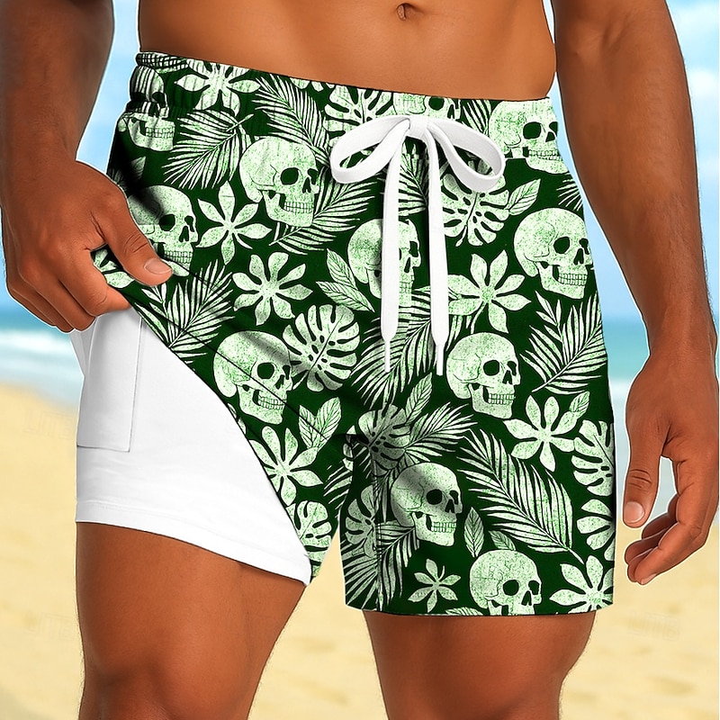 Men's Tropical Plants Skulls Flowers Lined Shorts 2 in 1 Board Shorts Swim Shorts Mid Waist Hawaiian Beach Vacation Wear Side Pockets With Compression Liner Elastic Drawstring Waist Designer Clothing4