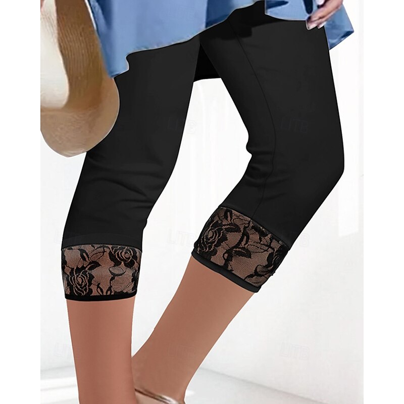 Women's pilates leggings Capri Leggings sport pants Lace Lightweight Pilates Gym Running Capri Leggings Solid Color Black Plus Size Sports Activewear Micro-elastic2