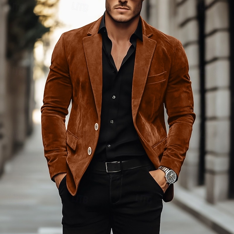 Men's Faux Suede Blazer Work Street Fashion Casual Fall / Winter Faux Suede Plain Pocket Buttons Comfortable Single Breasted Blazer Brown khaki