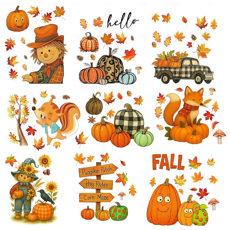 9 Sheets Fall Window Cling Thanksgiving Sticker Decals Decorations Double Side, Scarecrow Hedgehog Maple Leaf Pumpkin Static Stickers for Glass Window Autumn Harvest Home Decor4