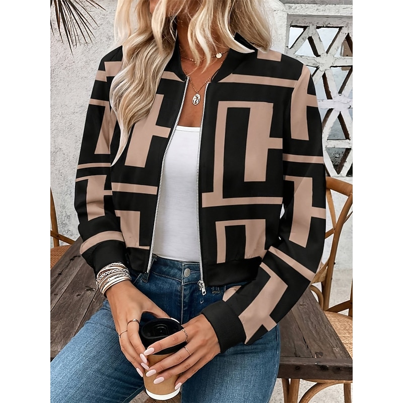 Women's Bomber Jacket Casual Jacket Comfortable Breathable Zipper Print Casual Geometric Vacation Street Casual Daily Wear Zipper Short Stand Collar Regular Fit Long Sleeve Outerwear Khaki Summer