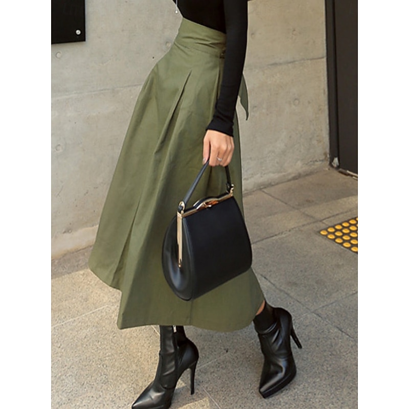 Women's Skirt A Line Fashion Casual Maxi High Waist Skirts Plain Pocket Micro-elastic Street Daily Black Army Green Khaki Summer Polyester Cotton Blend4