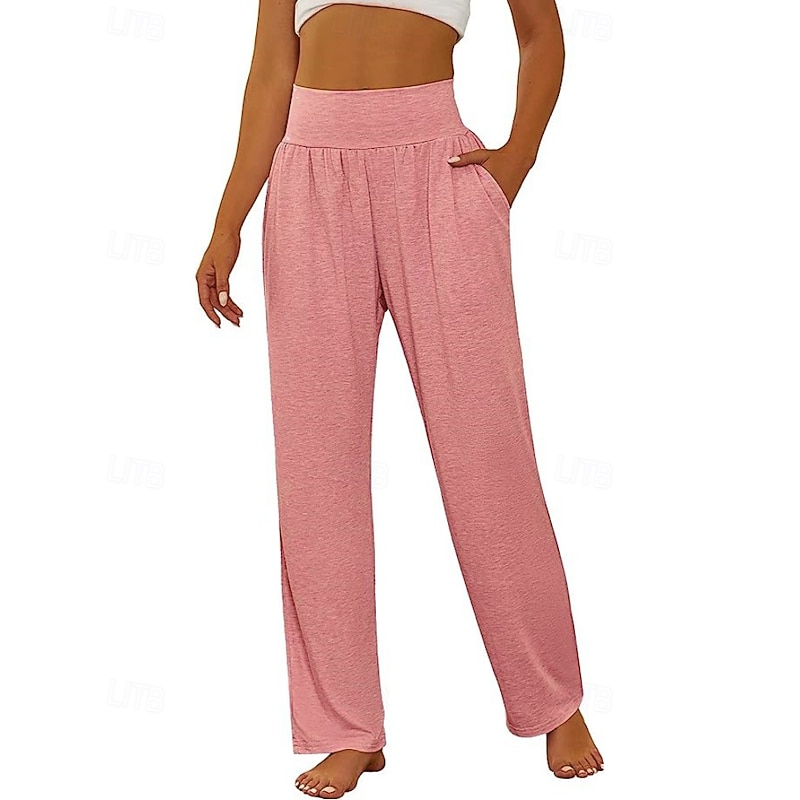 Women's Wide Leg Slacks Streetwear Casual Full Length Natural Plain Pocket Elastic Waist Comfy Outdoor Comfortable Vacation Going out Dark-Gray Orange red Black Pink Fall Regular Fit