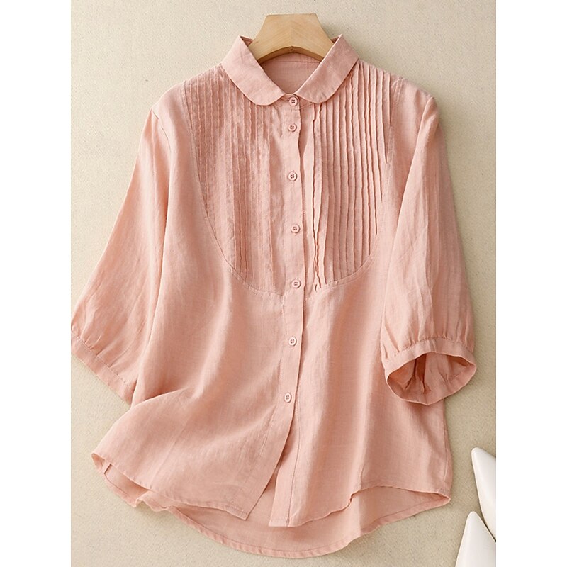Women's Cotton Linen Shirts Solid Color Stylish Basic Casual 3/4 Length Sleeve Shirt Collar Regular Tops Daily Buttons White Pink Light Blue Summer