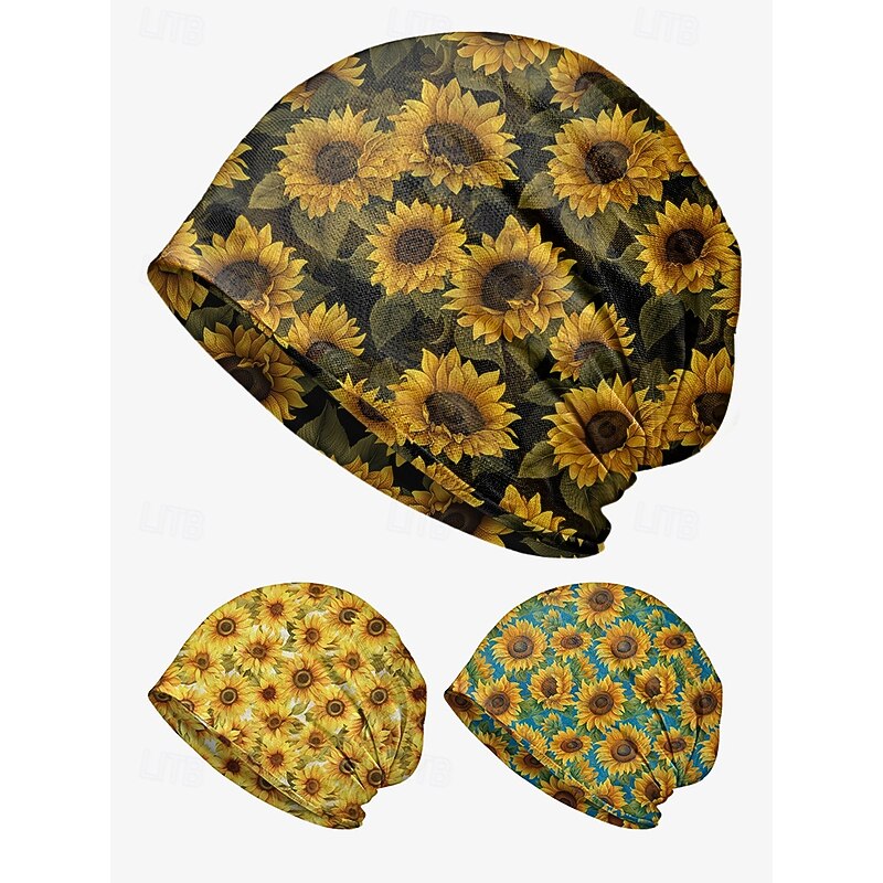Women's sunflower print beanie cap, Lightweight stretch polyester casual hat, Soft and breathable headwear, Can be used as a neck gaiter, Suitable for casual wear, Outdoor activities and travel2
