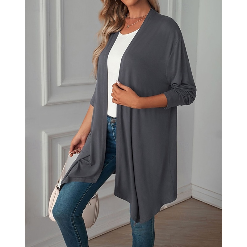 Women's Sweater Cardigan Vacation Fashion Daily Solid Color Ribbed Open Front Knitted Long Sleeve Long Tops Knit Holiday Going out Weekend Black White Fall Winter3