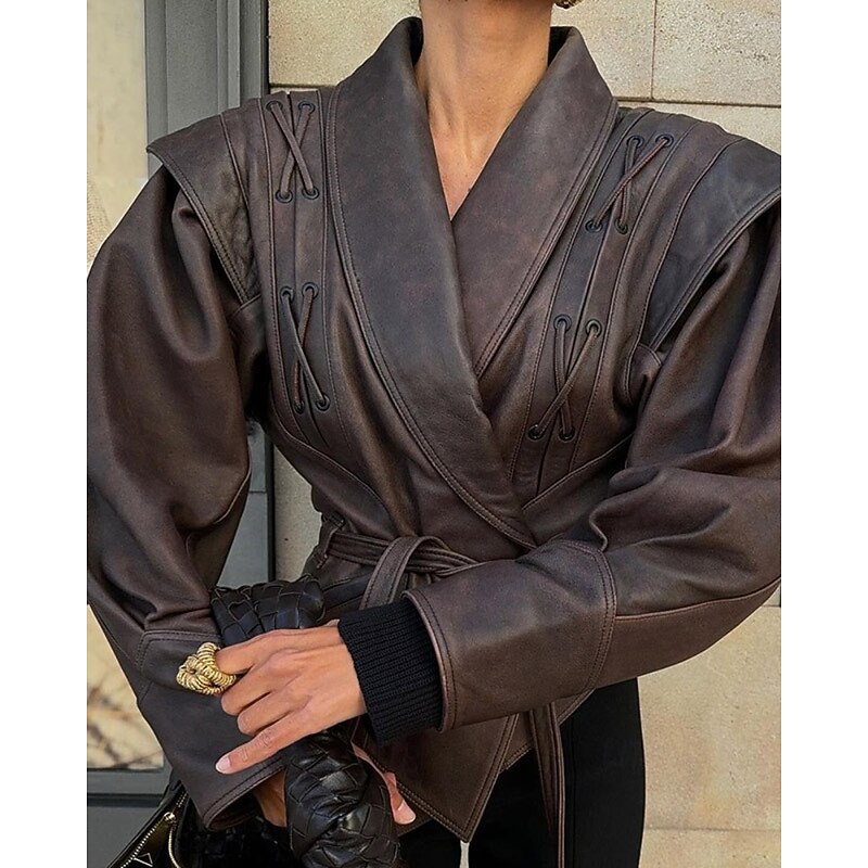 Women's Faux Leather Jacket Warm Comfortable Lace up Pocket Fashion Outdoor Plain Outdoor Street Going out Regular Turndown Regular Fit Long Sleeve Outerwear Black Brown Fall Winter2