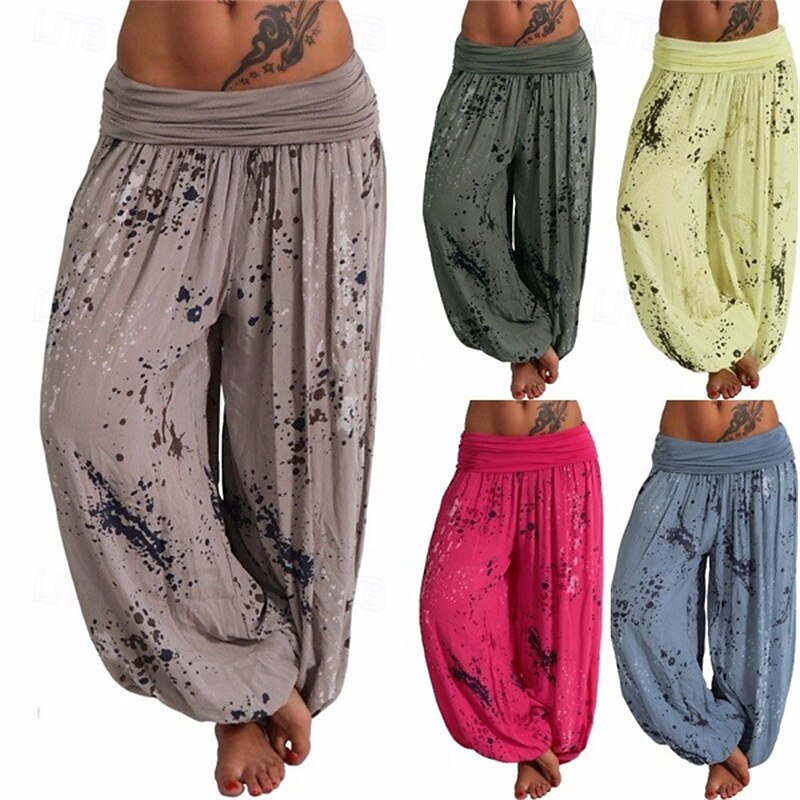Women's Pants Trousers Palazzo Pants Fashion Boho Full Length Mid Waist Print Elastic Waist Comfy Comfortable Micro-elastic Street Daily Wear Going out White Yellow Pink Army Green Summer Regular Fit