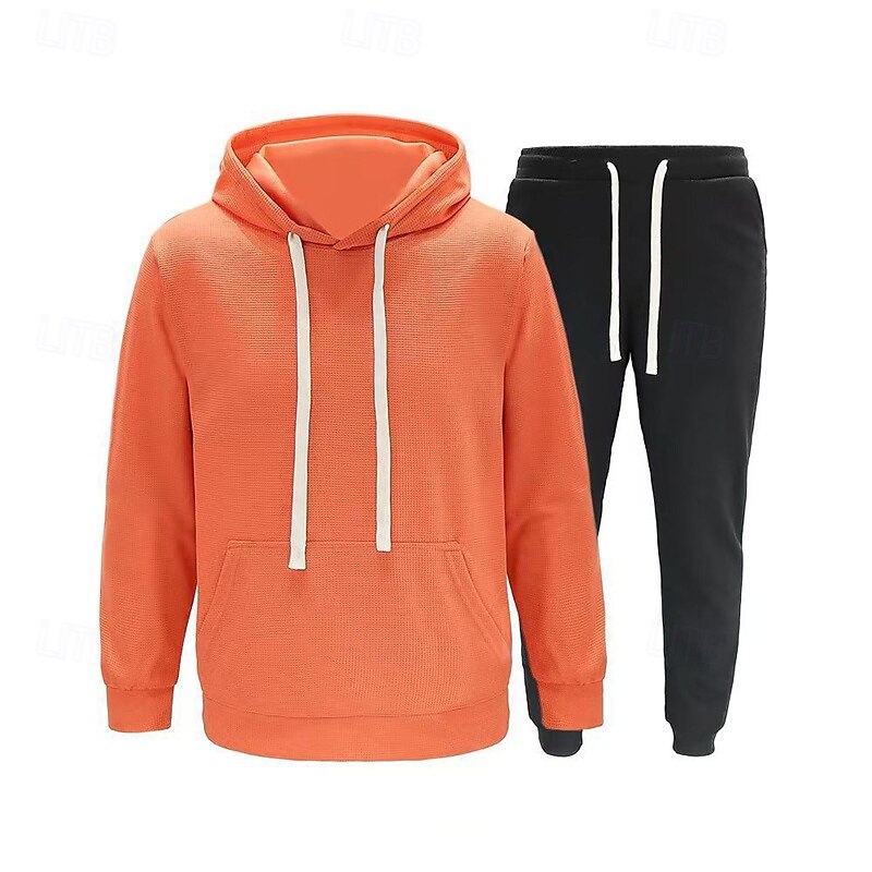 Men's Hoodie Tracksuit Sweatsuit Black White Camel Orange Light Grey Hooded Plain 2 Piece Sports & Outdoor Daily Holiday Polyester Streetwear Basic Casual Spring Autumn / Fall Clothing Apparel Hoodies