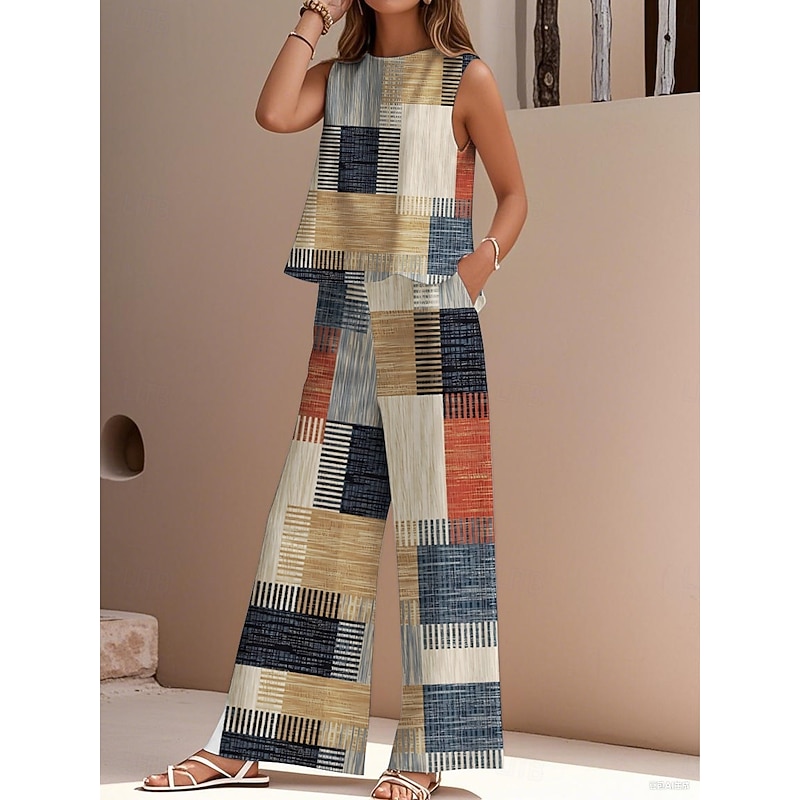 Women's Elegant Fashion Streetwear Two Piece Sets Blouse Vest Pants Trousers Sleeveless Crew Neck Outdoor Work Casual Striped Print Vacation Daily Holiday Green Khaki Summer Regular Fit