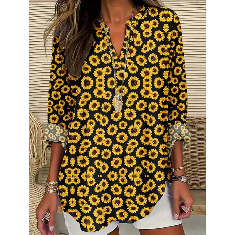 Women's Blouse Floral Stylish Modern Long Sleeve V Neck Regular Tops Daily Holiday Print White Yellow Blue Orange Apricot Summer3