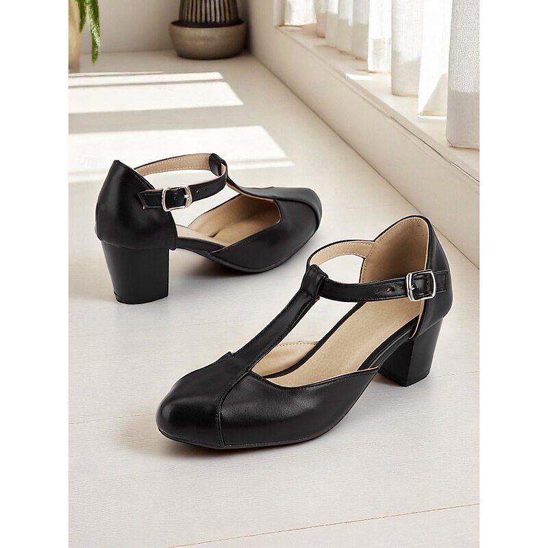 Women's Black T-Strap Block Heel Pumps with Buckle – Vintage-Inspired Faux Leather Work Shoes for Office Looks and Beer Festival Attire2