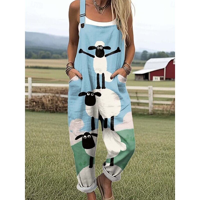 Women's Dungarees Active Floral Sleeveless Drawstring with Pocket Vacation Daily Loose Fit Royal Blue Blue Green Summer4