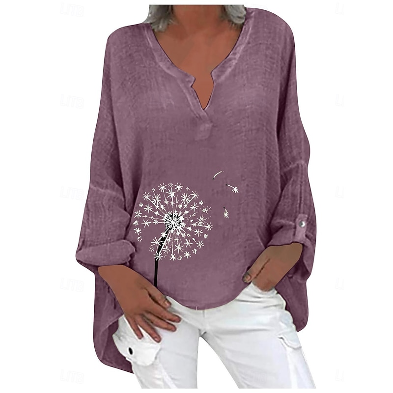 Women's Cotton Linen Shirts Floral Basic Casual Long Sleeve Shirt Collar Regular Tops Daily Print Pink Navy Blue Fuchsia Green Summer Fall2