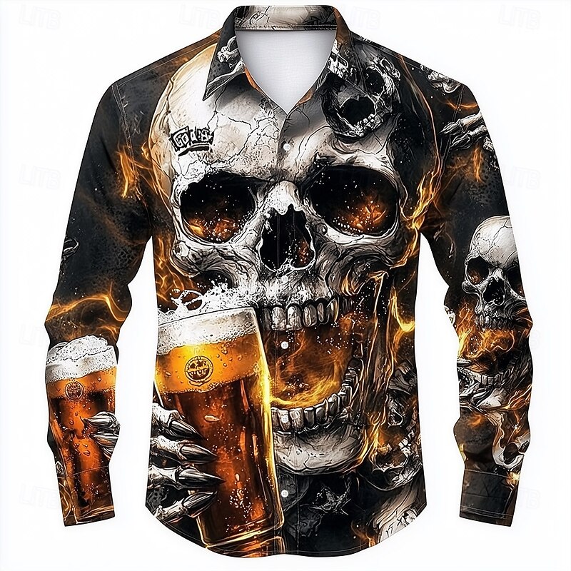 Men's Skull Skeleton Oktoberfest Beer Shirt Button Up Shirt Long Sleeve Dark Punk Gothic Style Vacation Streetwear Summer Spring Turndown 3D Print Collared Shirts Black
