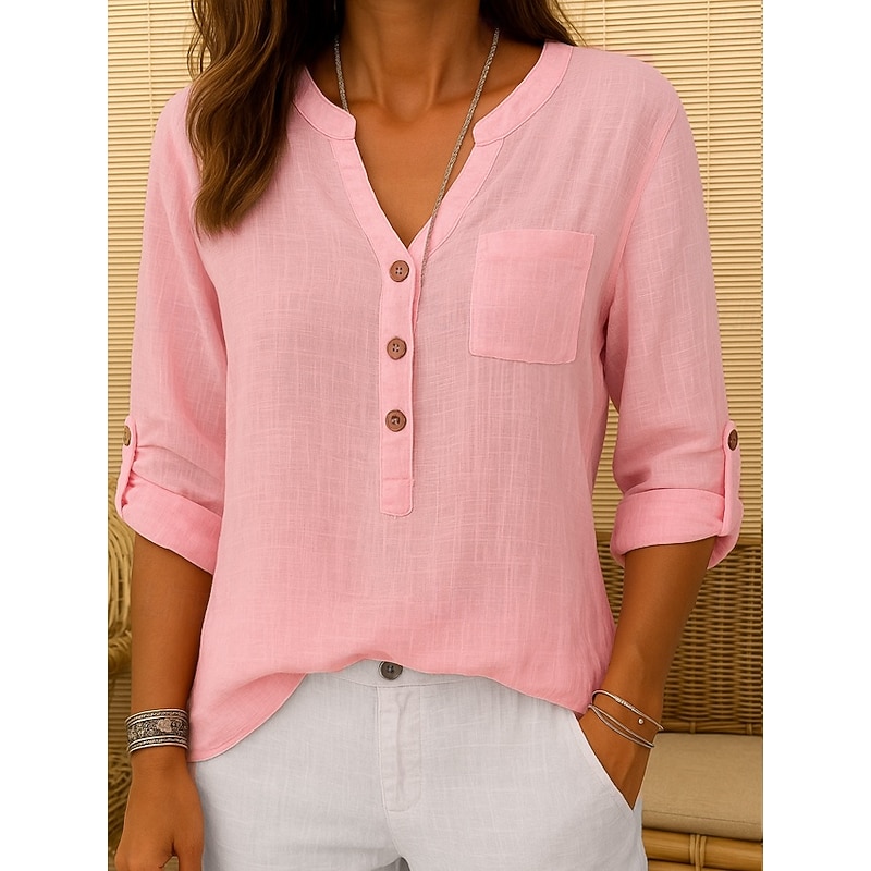 Women's Cotton Linen Shirts Solid Color Elegant Daily Basic Long Sleeve Crew Neck Long Tops Daily Holiday Going out Buttons White Pink Red Blue khaki Summer Fall2