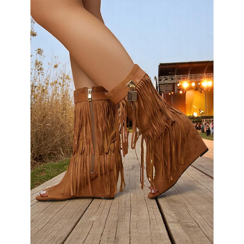 Women's Fringe Suede Peep-Toe Wedge Boots with Zipper and Lock Detail – Boho Festival Style for Music Concerts and Outdoor Events