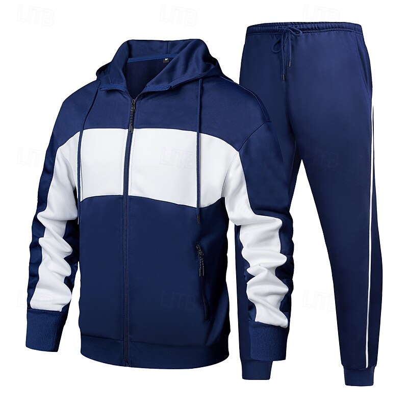 Men's Tracksuit Sweatpants Zip Up Hoodie Pocket Color Block Clothing Suit Fall Black Dark Navy Gym Workout Sports Windproof Long Sleeve Sport Activewear Micro-elastic Regular Fit