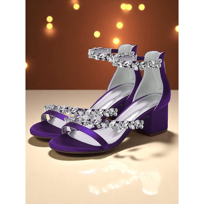 Women's Purple Satin Block Heel Sandals - Crystal Embellished Ankle Strap Evening Shoes for Elegant Banquets and Cocktail Parties2