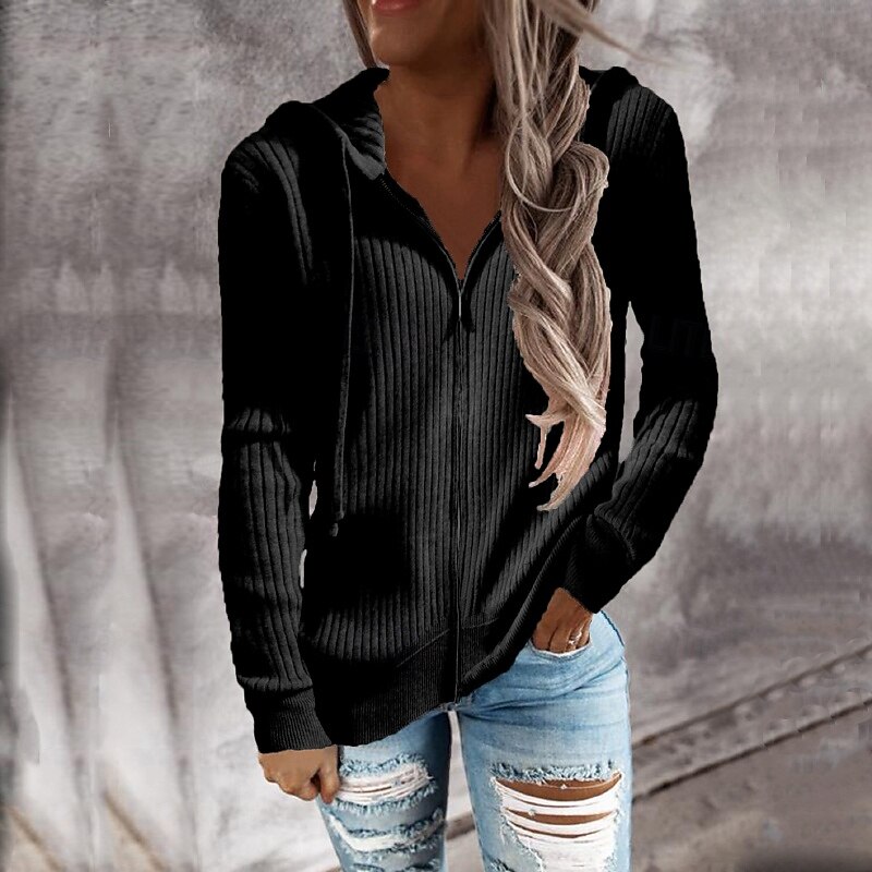 Women's Cardigan Casual Solid Color Crochet Hooded Zipper Knitted Long Sleeve Regular Tops Knit Outdoor Holiday Weekend Black White Fall3