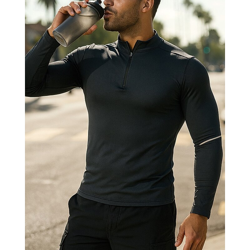 Men's Running Top Running Shirt Quarter Zip Long Sleeve Tee Tshirt Solid Colored Quick Dry Lightweight Breathable Tennis Golf Running Sportswear Activewear Dark Grey Black White4