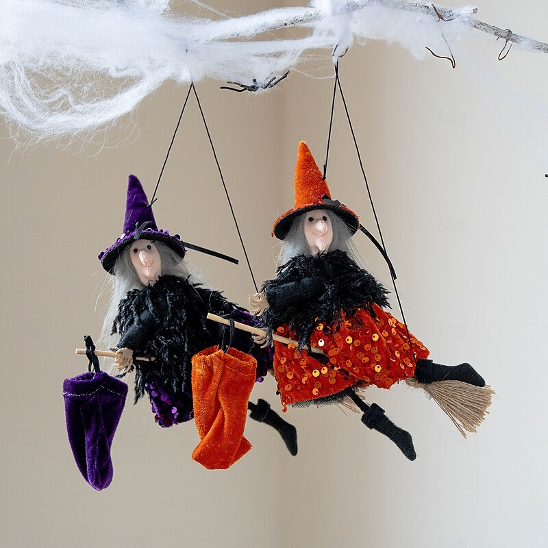 Halloween Witch Ornament Set Magic Broom, Gift Bag, Witch Hat, Costume Props Spooky Party Decor for Haunted House, Yard, Scene Setup3