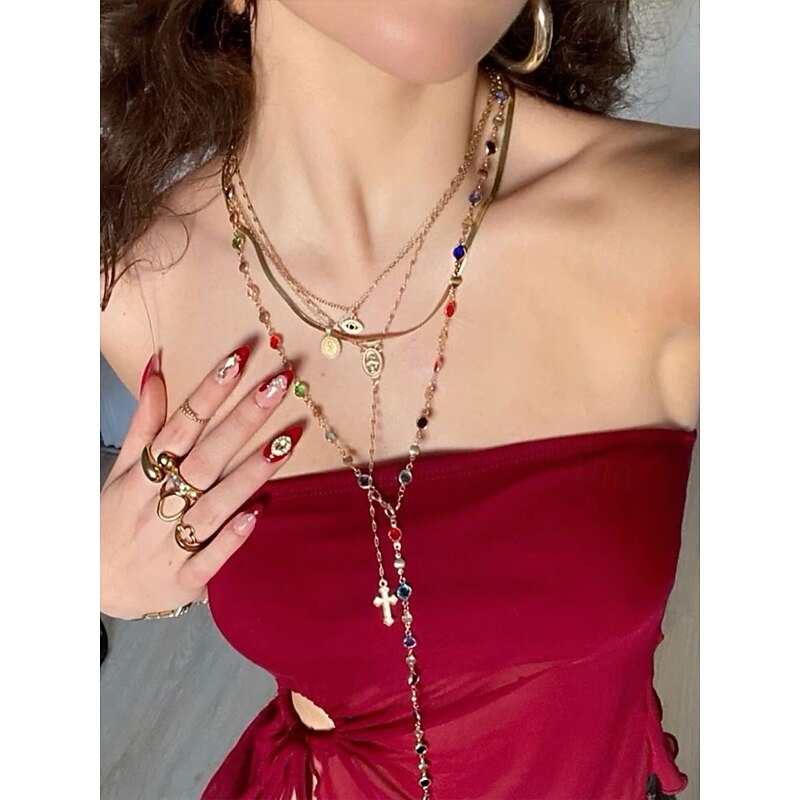 Women's multi-layered gold and silver cross pendant necklace set with multi-colored beads - Fashionable religious jewelry for daily wear, Casual outings and special occasions3