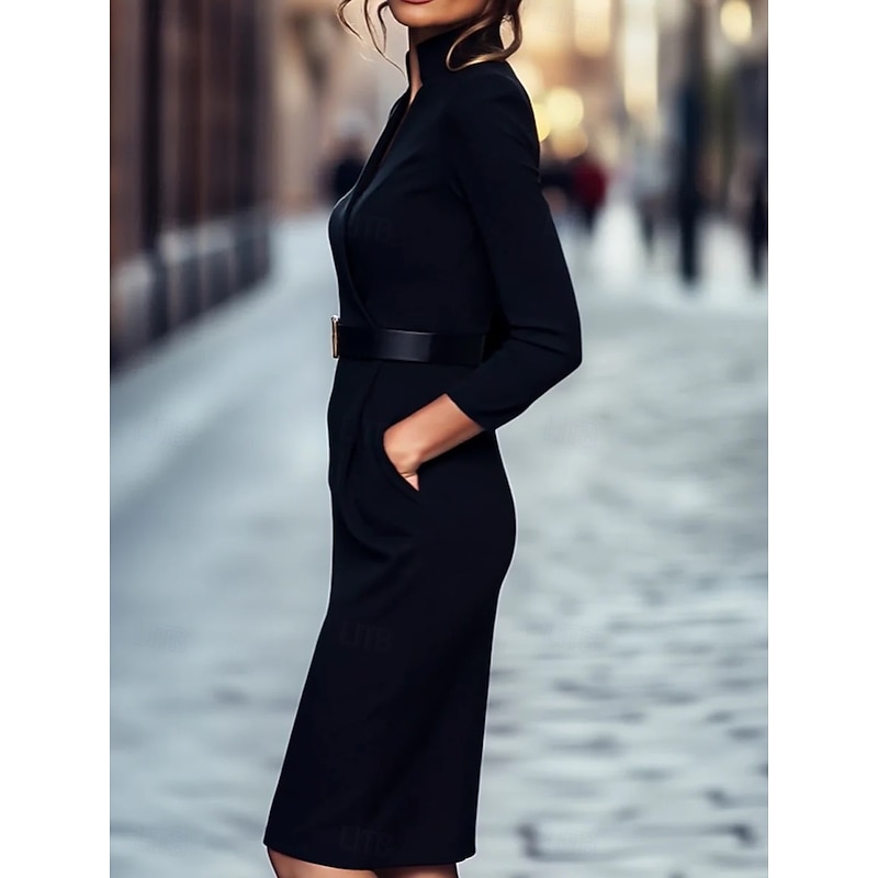 Black Column Cocktail Dresses Elegant Formal Wedding Guest Tea Length Long Sleeve Shirt Collar Belt / Sash Stretch Crepe with Slit4
