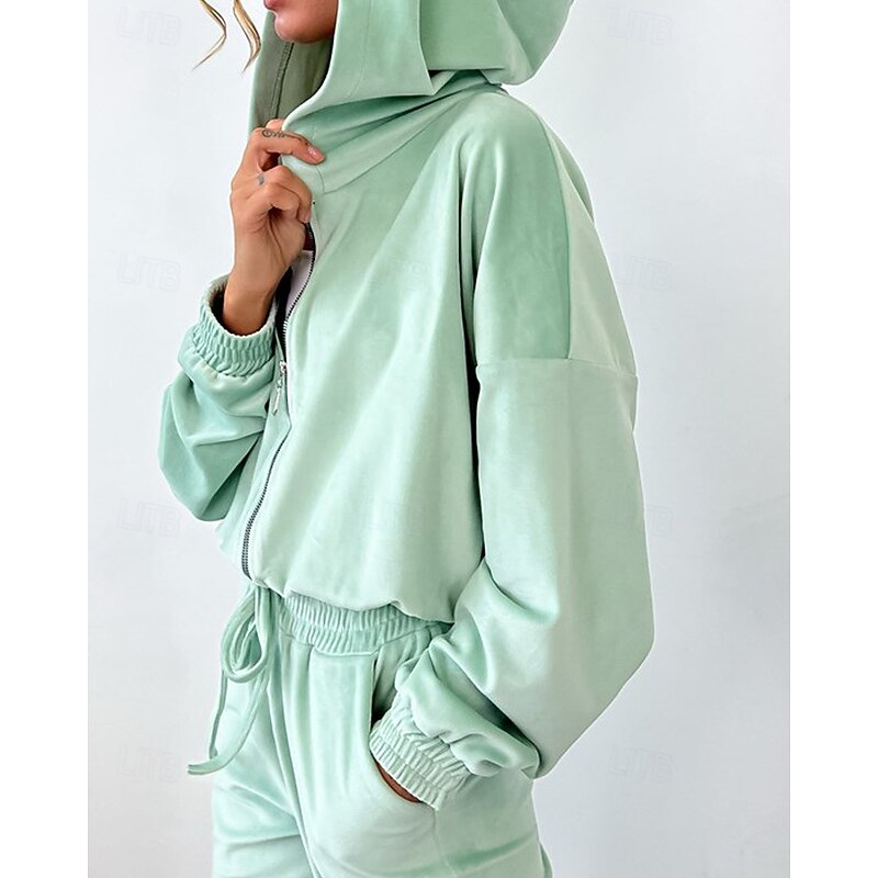 Women's Tracksuit Sweatpants Hooded Jacket Zipper Pocket Solid Colored Clothing Suit Fall Blue Fuchsia Workout Athleisure Running Thermal Warm Windproof Long Sleeve Sport Activewear Stretchy Regular4