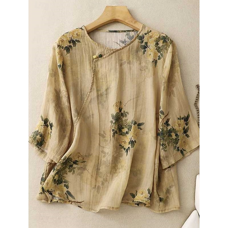 Women's Cotton Linen Shirts Floral Casual 3/4 Length Sleeve Crew Neck Regular Tops Daily Buttons Print Yellow Pink Green Summer