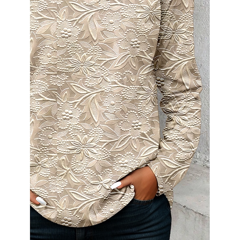 Women's T shirt Long Sleeve Floral 3D Casual Long Sleeve V Neck Notched Neck Regular Tops Daily 3D Print Print Khaki Spring Fall Prefall3