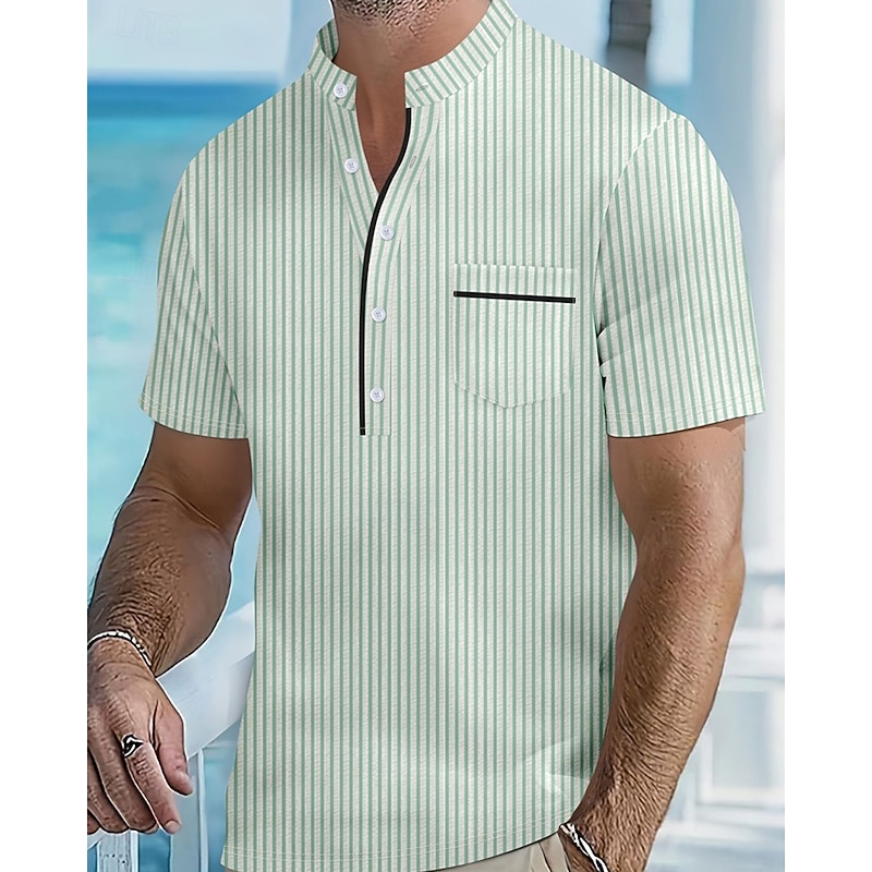 Men's Polo Shirts Golf Shirt Outdoor Daily Wear Banded Collar Short Sleeve Fashion Hawaiian Stripe Pocket Summer Regular Fit Black Blue Sky Blue Green Apricot Polo Shirts