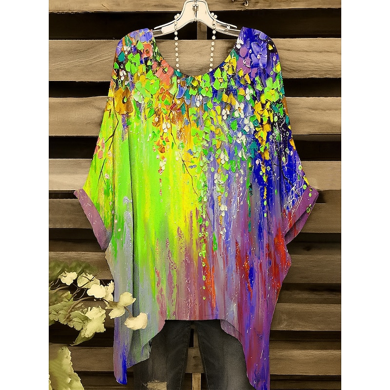Women's Blouse Floral Graphic Elegant Vintage Daily Short Sleeve Batwing Sleeve Crew Neck Regular Tops Daily Holiday Vacation Wear Yellow Red Purple Green Summer Spring2