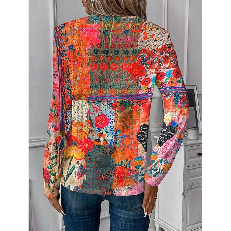 Women's T Shirt V Neck Long Sleeve Tunic Floral Graphic Plants Vintage Stylish Casual Regular Tops Daily Weekend Print Pink Blue Orange Spring Fall2