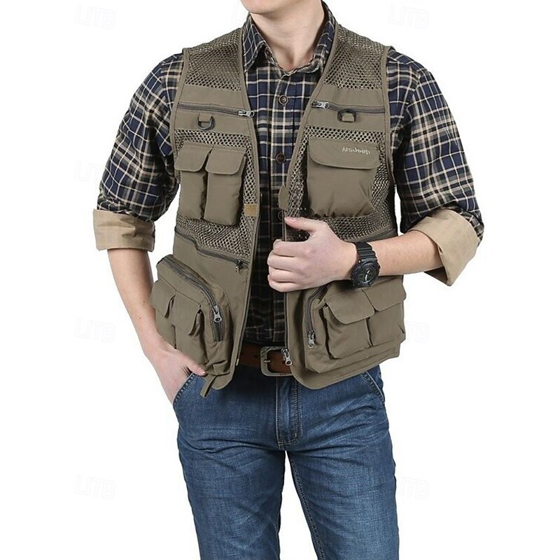 Men's Fishing Vest Hiking Vest Sleeveless Vest Outdoor Breathable Quick Dry Lightweight Winter Zipper Multiple Pockets Polyester Black Army Green Red Hunting Fishing Climbing2