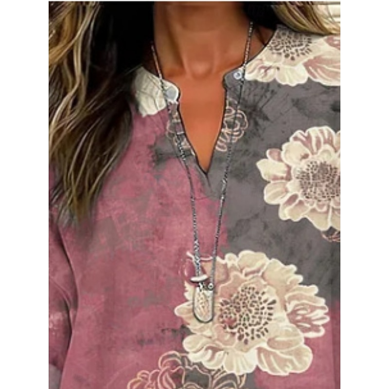 Women's Shirt Floral Stylish Modern Long Sleeve V Neck Regular Tops Daily Holiday Buttons Print Red Purple Summer2