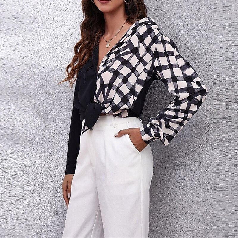 Women's Shirt Plaid Daily Stylish Basic Long Sleeve Shirt Collar Regular Tops Work Daily Holiday Buttons Black Gray Spring Fall4